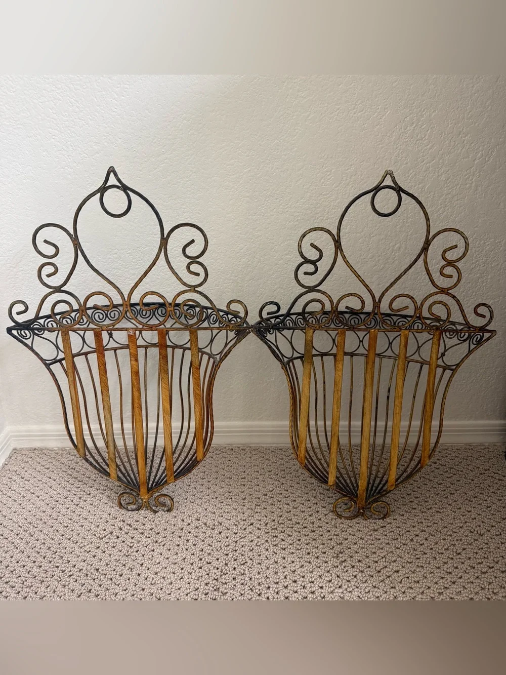 Pair of Black Decorative Wrought Iron Wall Baskets